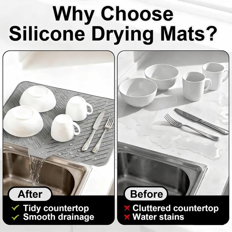 BPA Free Silicone Dish Drying Mat Self Draining Slope Design Heat Resistant for Kitchen Counter