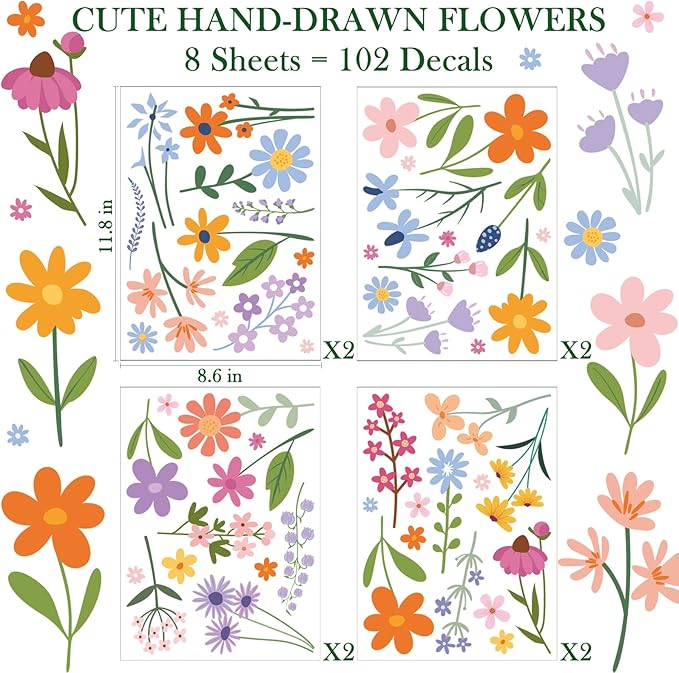 🔥Last 4 hours Sale: Save 50% -🌸Enchanting Spring Wildflower Wall Decals - 8 Sheets of 102 Stickers