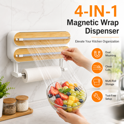 🚚 📦4-in-1 Magnetic Kitchen Wrap Dispenser with Cutters