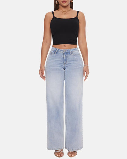 Women's Mid-Low Rise Baggy Jeans – Stretchy Wide Leg