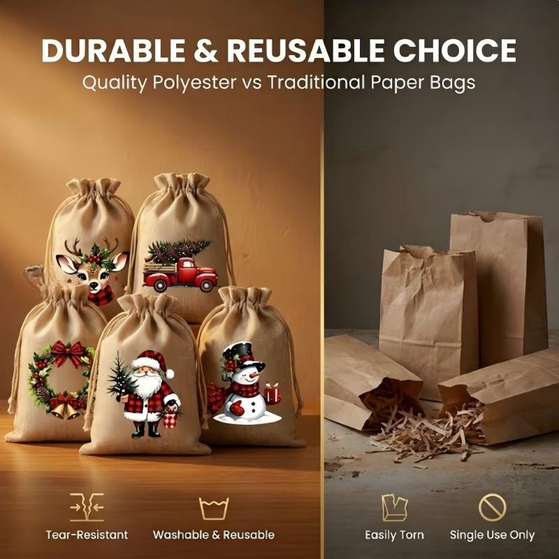 Rustic Christmas Burlap Drawstring Gift Bags
