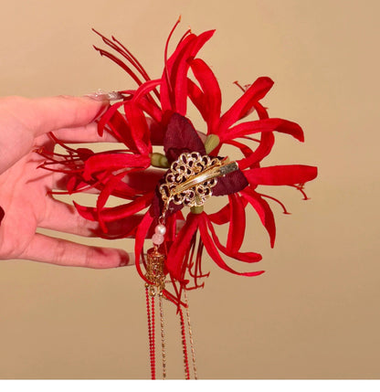 🔥Last Day 49% OFF - 🌹🔥Gothic Red Spider Lily Flower Hair Clips with Tassel