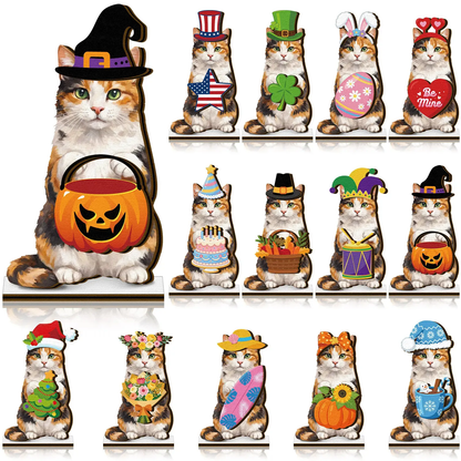 Pet Sign Gift Halloween Decor Cat Ornaments Wooden Sign Cat Desk Decor Interchangeable Pet Decor with Magnet Detachable Hats for Summer Halloween Autumn Holiday Seasonal Birthday Party, Gift for Pet Owning Families and Cat Lovers