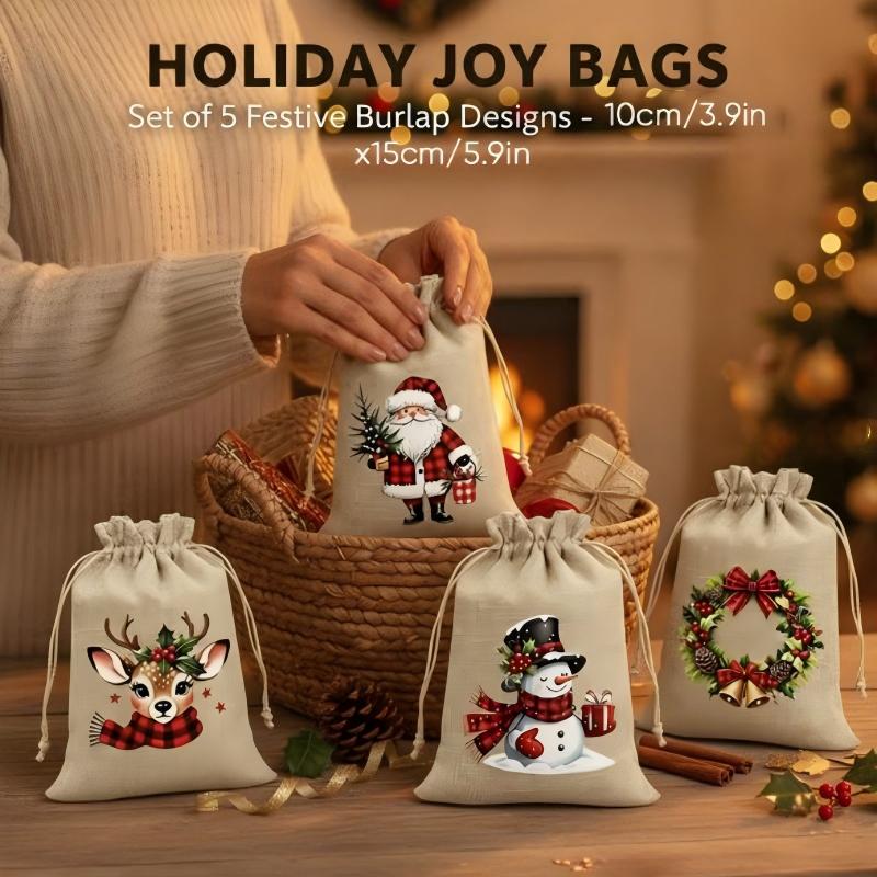 Rustic Christmas Burlap Drawstring Gift Bags