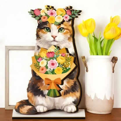 Pet Sign Gift Halloween Decor Cat Ornaments Wooden Sign Cat Desk Decor Interchangeable Pet Decor with Magnet Detachable Hats for Summer Halloween Autumn Holiday Seasonal Birthday Party, Gift for Pet Owning Families and Cat Lovers
