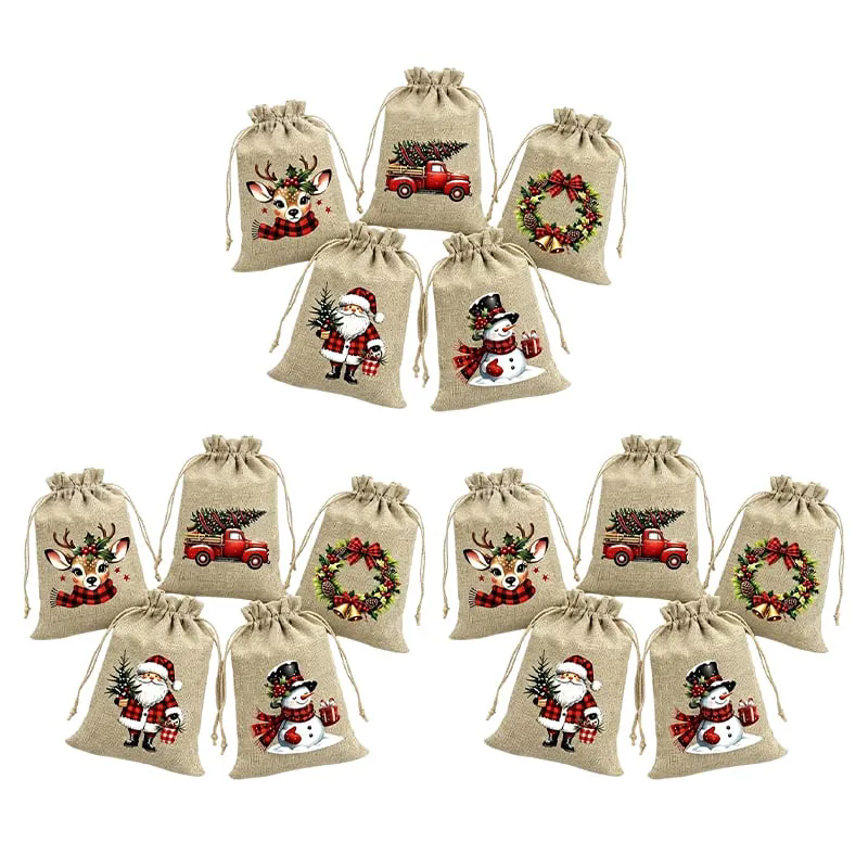 Rustic Christmas Burlap Drawstring Gift Bags