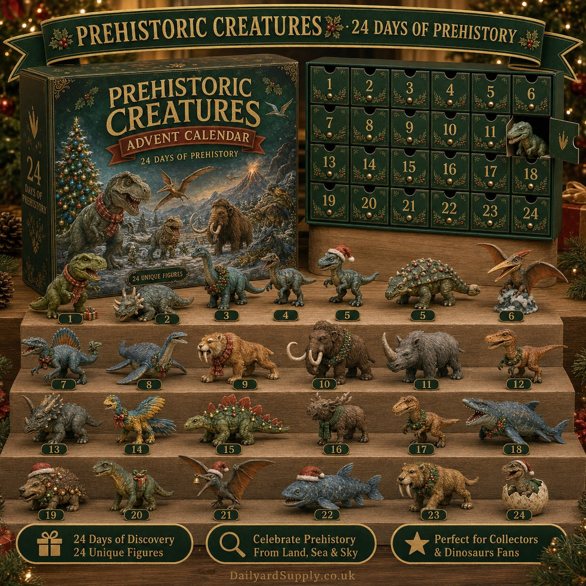 🦖24 Days of Dinosaur Christmas Advent Calendar – 24 Collectible Dino Figurines Holiday Surprises