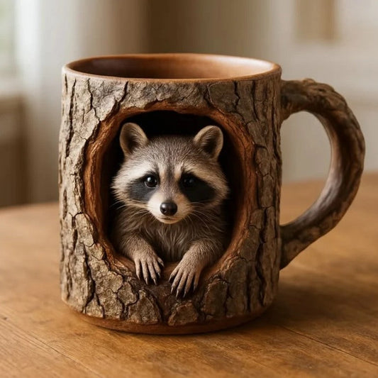 Woodland Raccoon Tree Hollow Mug – Rustic 3D Animal Coffee Cup
