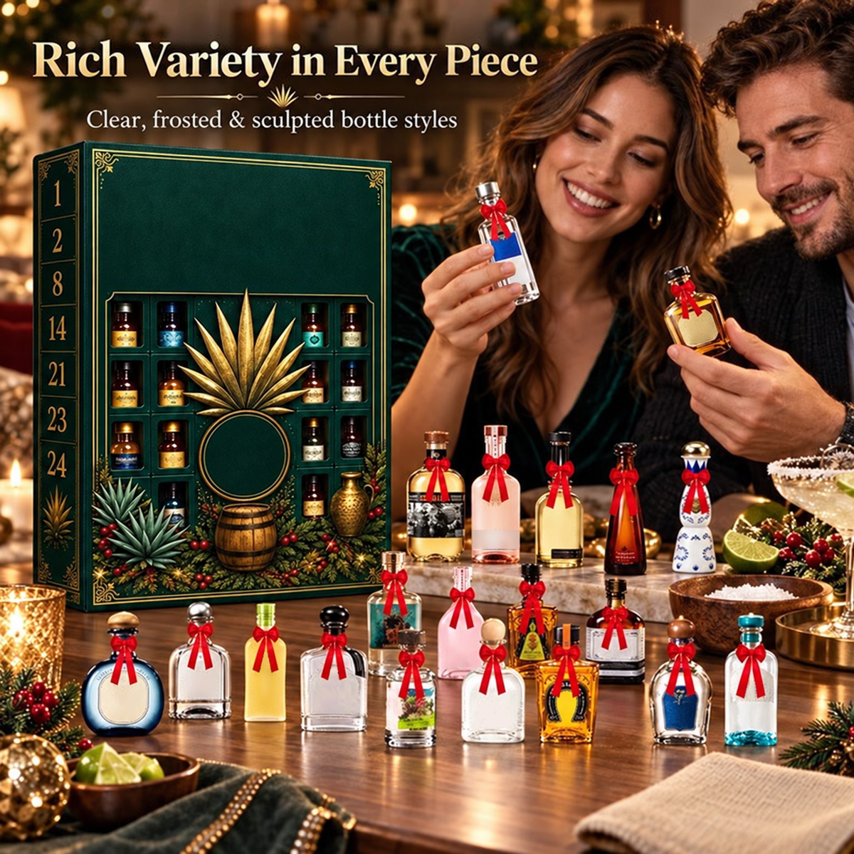 24-Day Mini Tequila Bottle Advent Blind Box for Holiday Celebration, Bar Table Decor, Collector Gift & Family Countdown