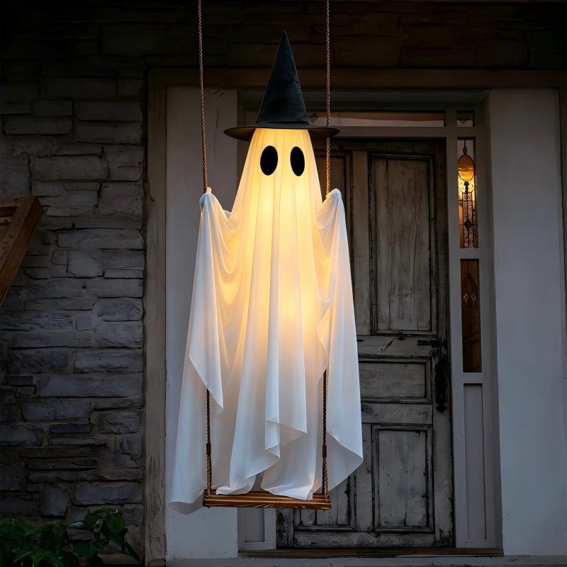 Large Glowing Halloween Ghost with Swing Hanging Decor for Porch and Yard