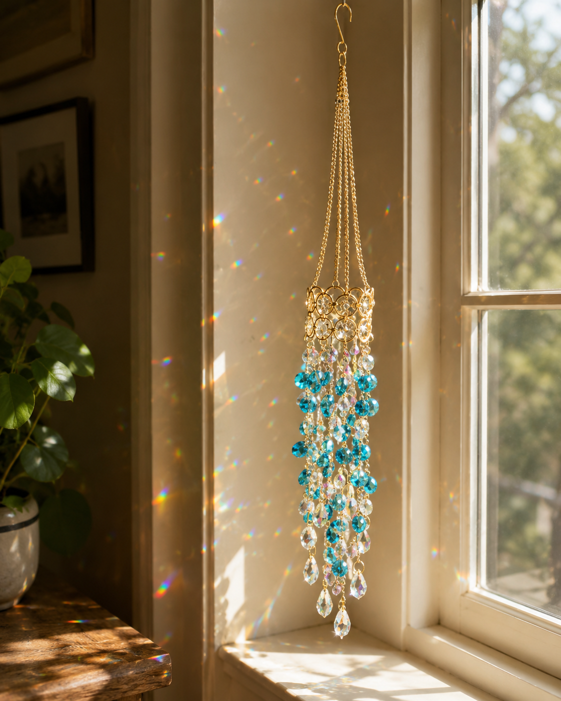 Crystal Flower Suncatcher 🌸✨ – Handmade Window Hanging with Silver Floral Design