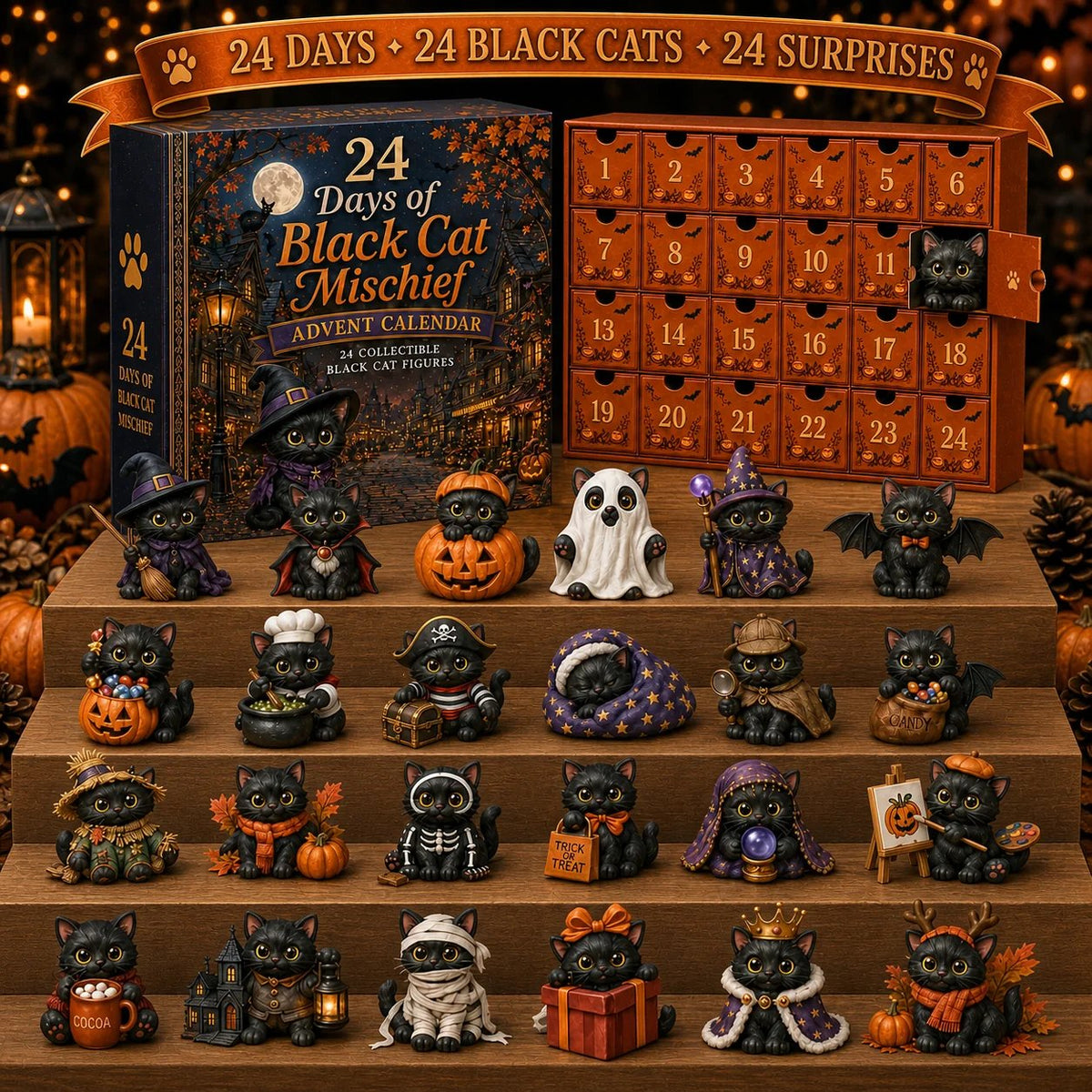 🐈‍⬛ 24 Days Of Black Cat Mischief Advent Calendar | 24 Unique Halloween Cat Collectibles with Witch, Vampire, Ghost, Pumpkin & More 🎃