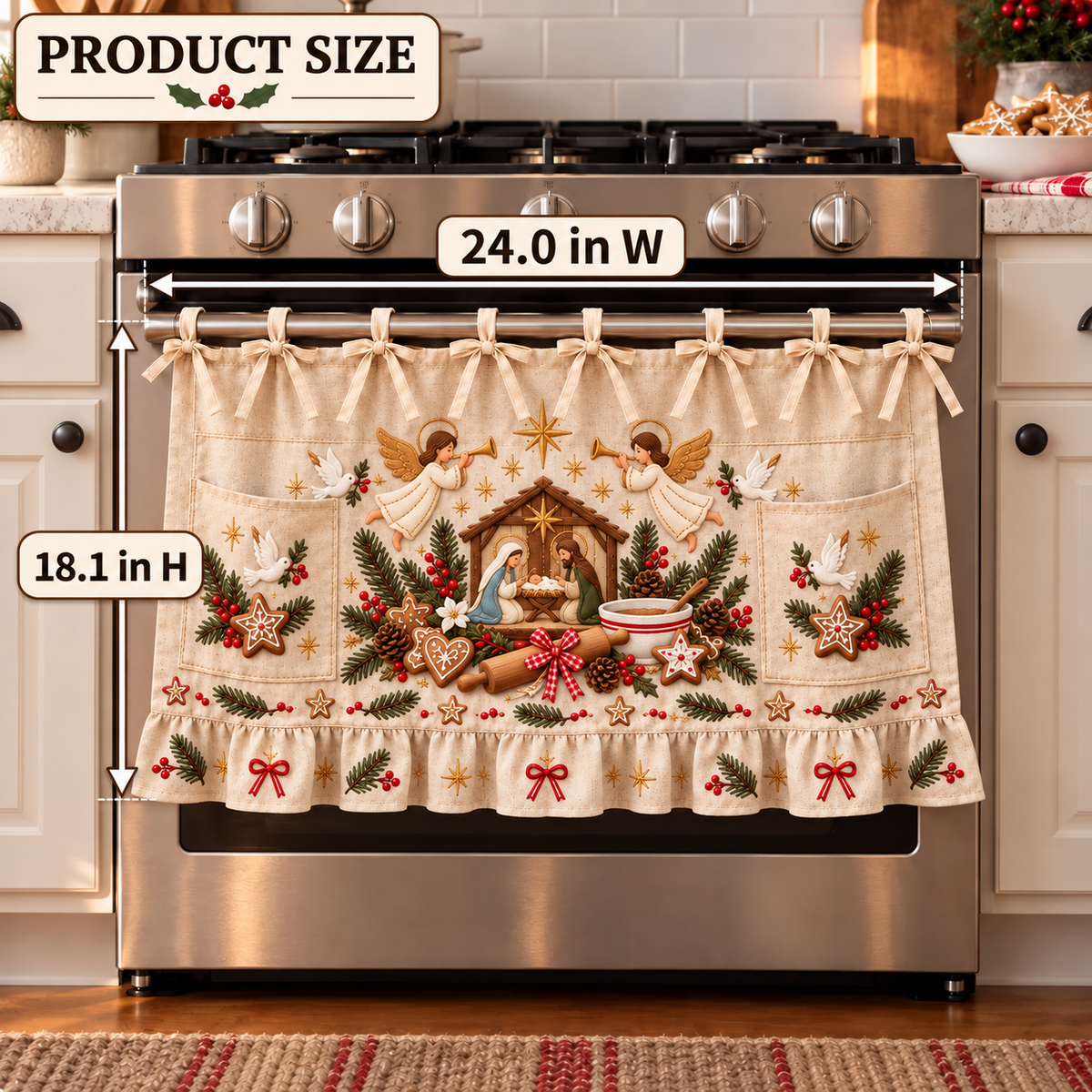 ✝️🎄 Bethlehem Christmas Oven Door Skirt – Nativity Kitchen Decor with Tie-On Bows & Ruffled Trim