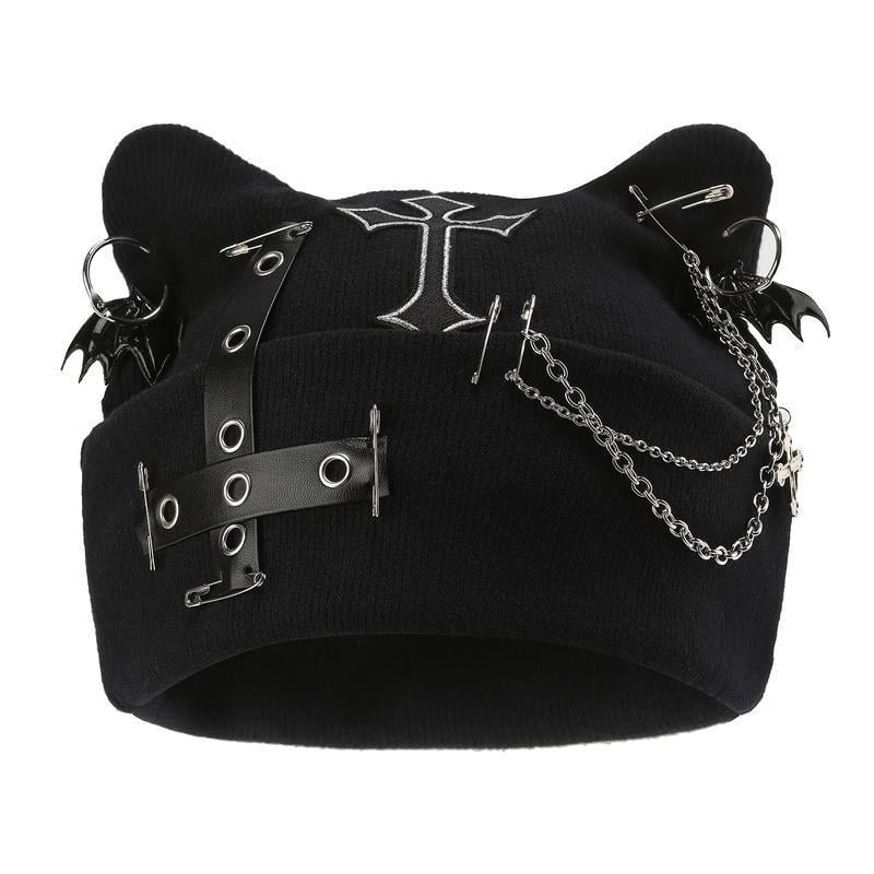 🔥Last Day 49% OFF - 🖤🦇Gothic Cat Ear Beanie with Punk Chain & Bat Charm