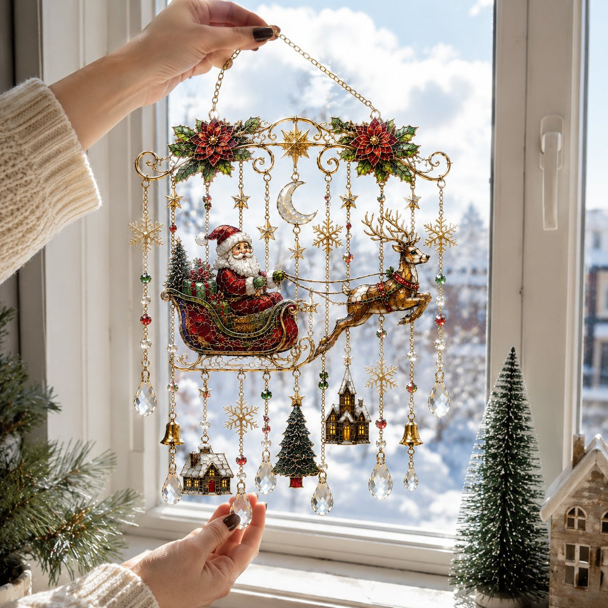 🔥 LAST DAY 49% OFF – 🎄Handmade Christmas Stained Glass Window Hanging | Tempered Stained Glass, K9 Crystal Drops & Ready-to-Hang Holiday Decor ✨