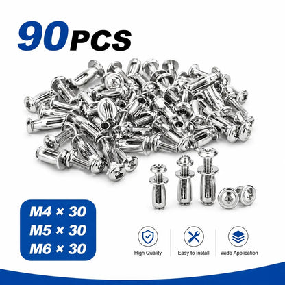 30Pcs/90Pcs Heavy-Duty Carbon Steel Button Rivet Locking Nuts Set