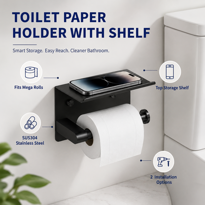Toilet Paper Holder with Shelf – SUS304 Stainless Steel, Fits Mega Rolls, No-Drill Option