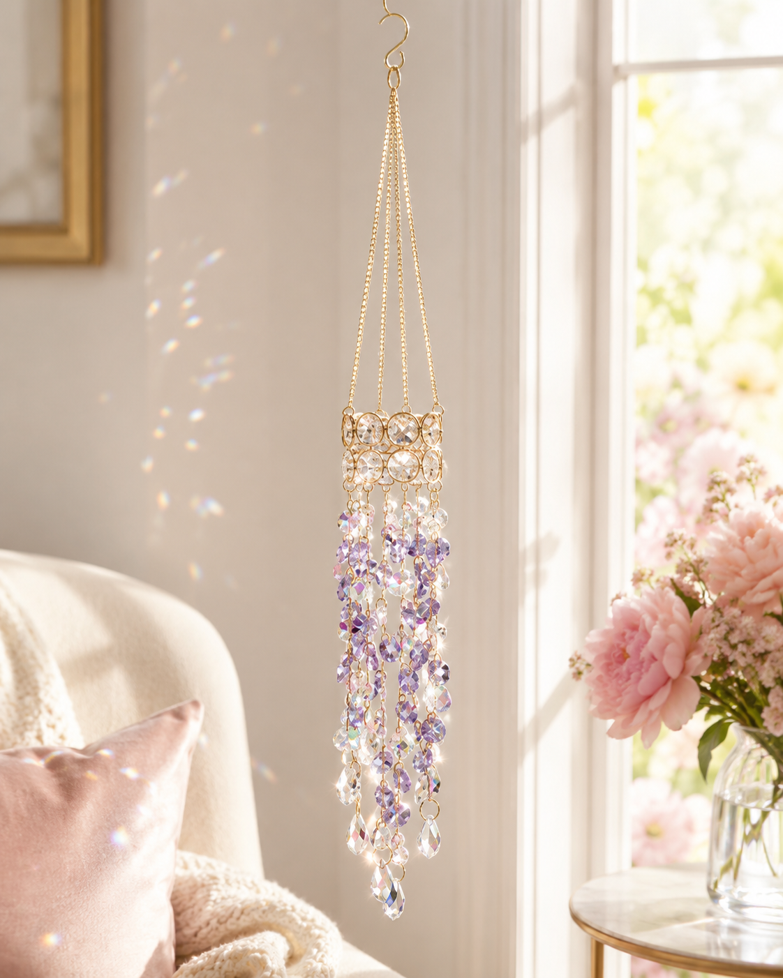 Crystal Flower Suncatcher 🌸✨ – Handmade Window Hanging with Silver Floral Design