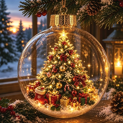 Light Up Christmas Ornament Ball, Acrylic Christmas Tree Hanging Decor, Xmas Scene Inside Bauble for Holiday Home Decor