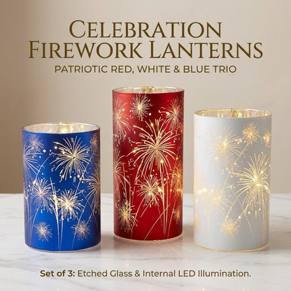 🕯️ ✨ Celebration Firework Lanterns – Premium Patriotic Red, White & Blue Trio