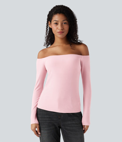 Ribbed Knit Off Shoulder Long Sleeve Women Built in bra Casual Crop Top