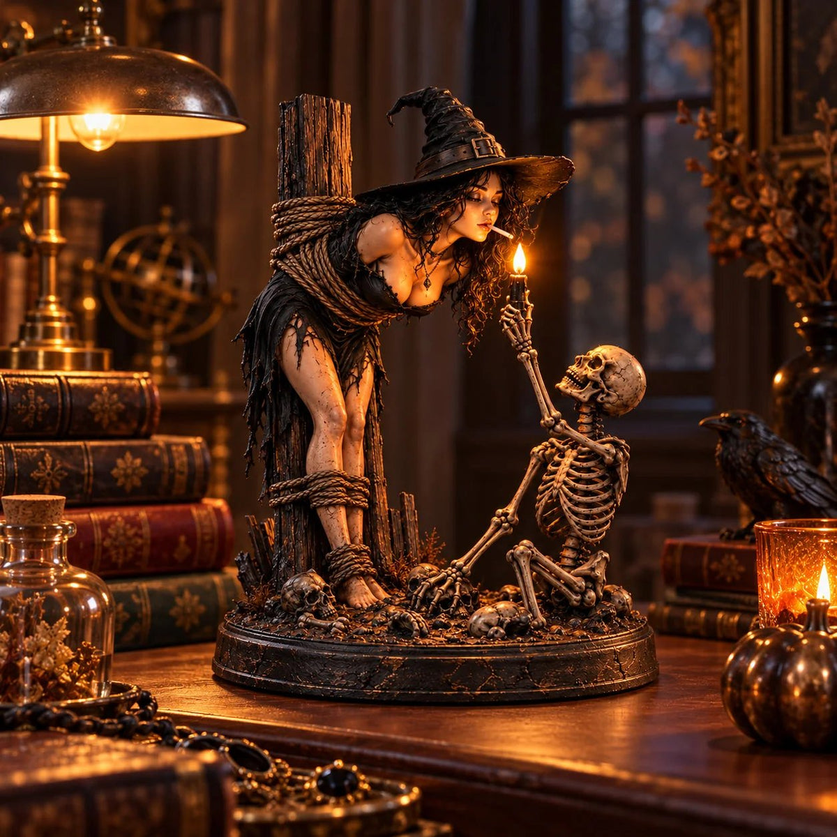 🧙 🔥Witch & Skeleton Candle Scene Figurine – Dark Gothic Halloween Tabletop Decor