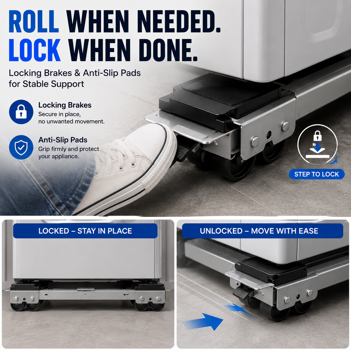 🛠️2-Pack Telescopic Appliance Dolly, Lockable Wheels, 4cm Low Profile, 44.6–70cm Fit