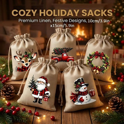 Rustic Christmas Burlap Drawstring Gift Bags