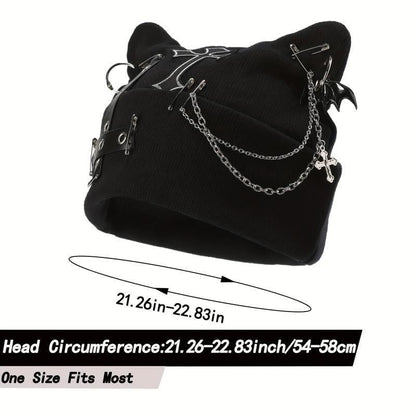 🔥Last Day 49% OFF - 🖤🦇Gothic Cat Ear Beanie with Punk Chain & Bat Charm