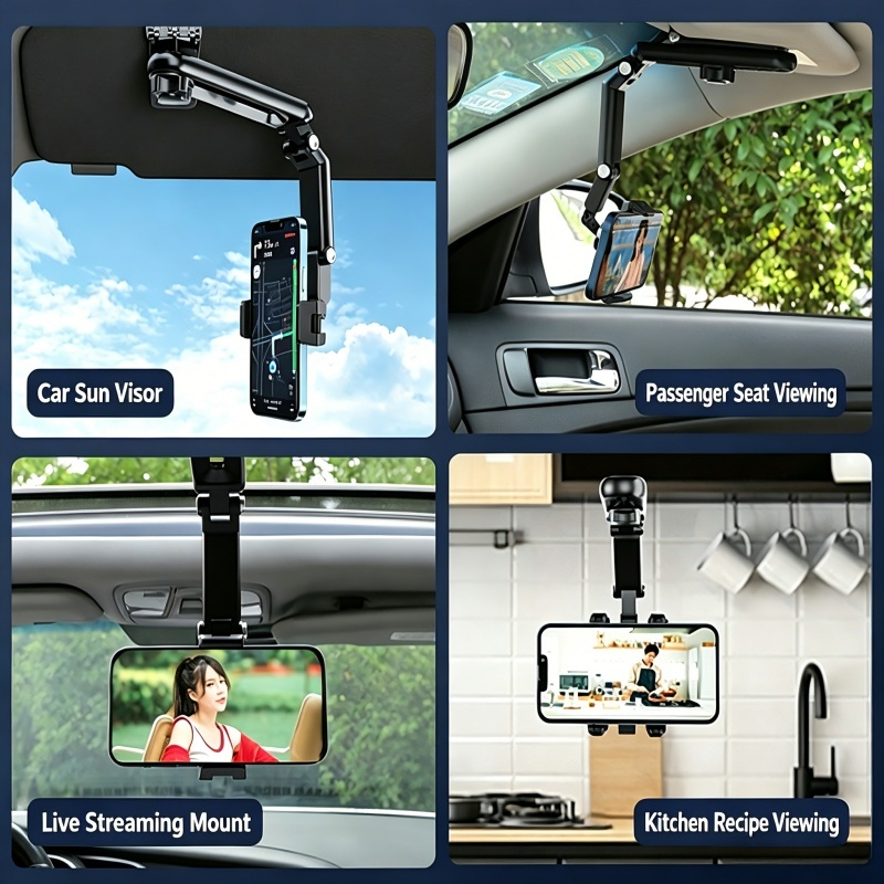 1080° Rotatable Car Sun Visor Phone Holder, Multi-Angle Adjustable Cell Phone Mount, Universal Clip on Phone Stand for Car Sunshade, Dashboard, Kitchen, Compatible with 4-6.5 Inch Smartphones
