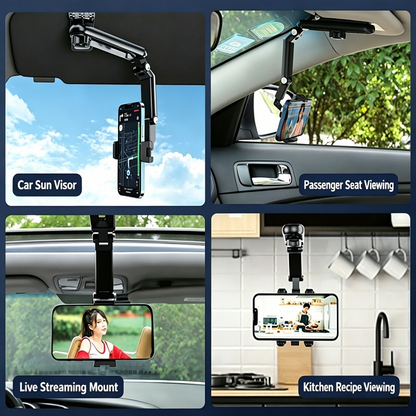 1080° Rotatable Car Sun Visor Phone Holder, Multi-Angle Adjustable Cell Phone Mount, Universal Clip on Phone Stand for Car Sunshade, Dashboard, Kitchen, Compatible with 4-6.5 Inch Smartphones