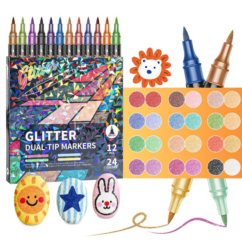 🎨Glitter Effect Brush Markers🥇✨: Create Sparkling Art Smoothly 🥳(🌈24-96 Colors | Smooth No Clog | No Bleed Through📝)