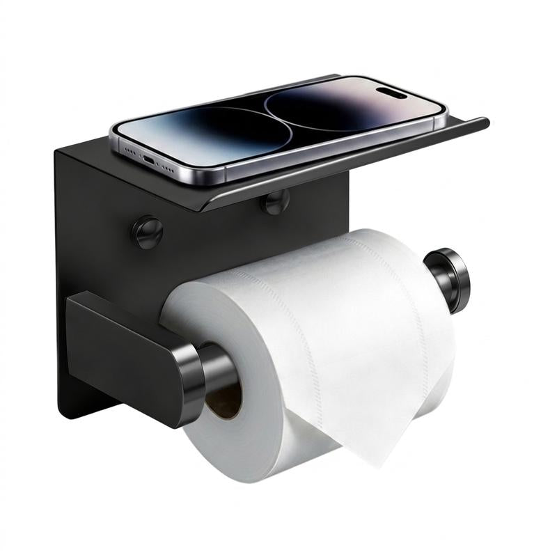 Toilet Paper Holder with Shelf – SUS304 Stainless Steel, Fits Mega Rolls, No-Drill Option