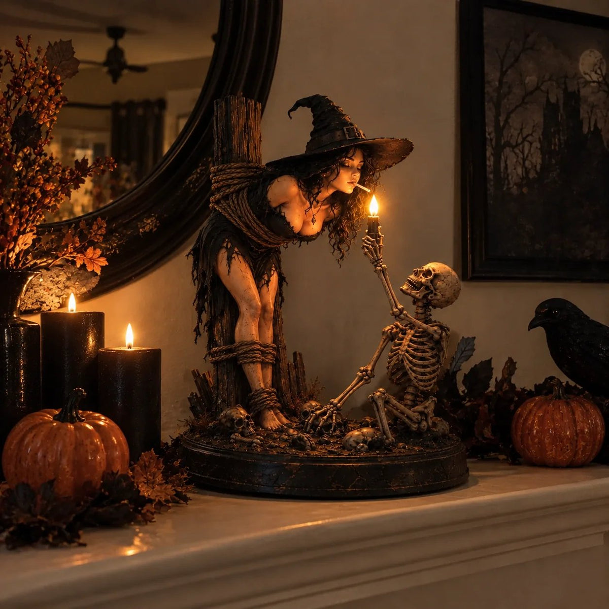 🧙 🔥Witch & Skeleton Candle Scene Figurine – Dark Gothic Halloween Tabletop Decor
