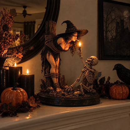🧙 🔥Witch & Skeleton Candle Scene Figurine – Dark Gothic Halloween Tabletop Decor