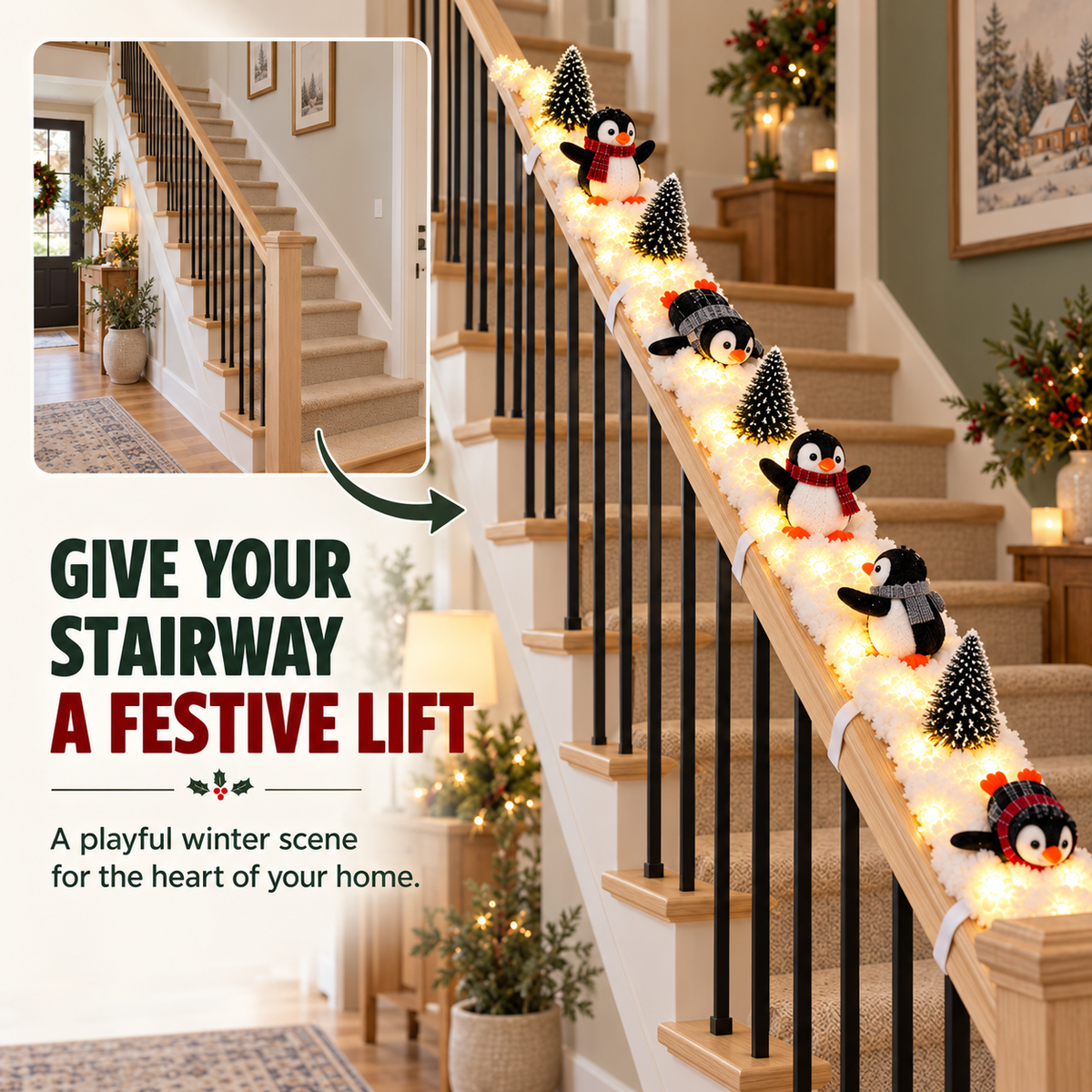 🔥Hot Sale 40% OFF🔥Playful Penguin Snowy Stair Railing Decor