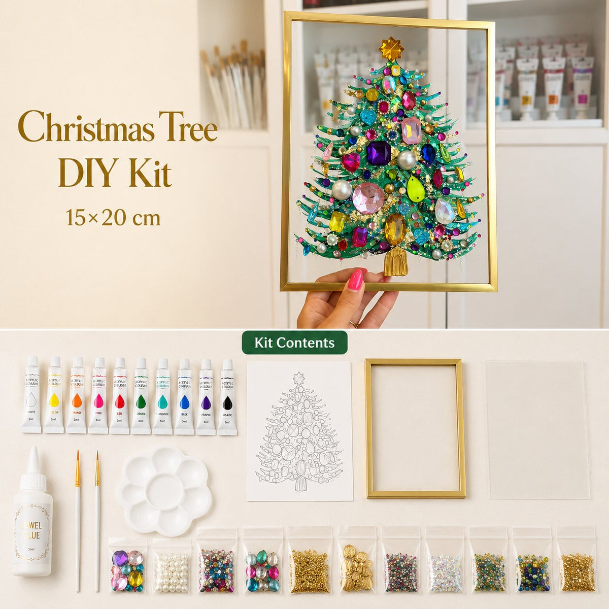 💖🔥 LAST 30pcs 🎄 DIY Jeweled Christmas Tree Art Kit | Colorful Gems, Pearls, Paints & Gold-Tone Floating Display Frame 💎✨