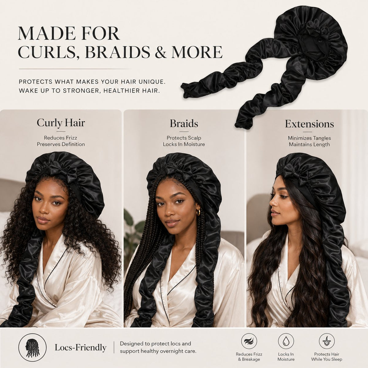 🔥 Silk Bonnet for Long Curly Hair