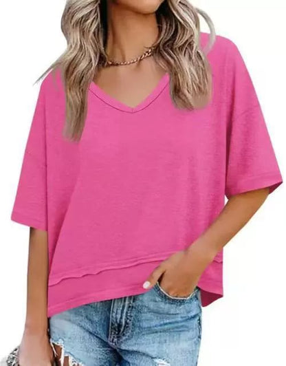 Women's V-neck Mid-length Sleeve Spliced Hem Basic Top