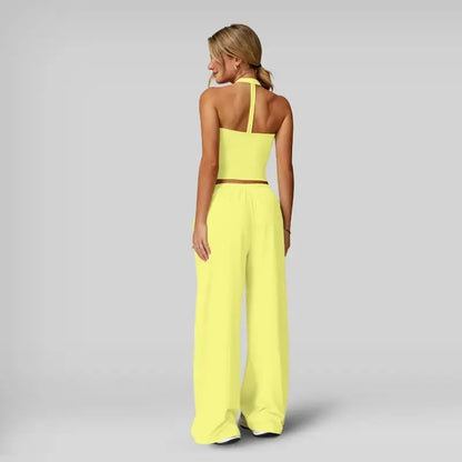 💖Hot 50% OFF✨ Women’s 2-Piece Silk-Like Lounge Set – V-Neck Strappy Top & Wide Leg Pants