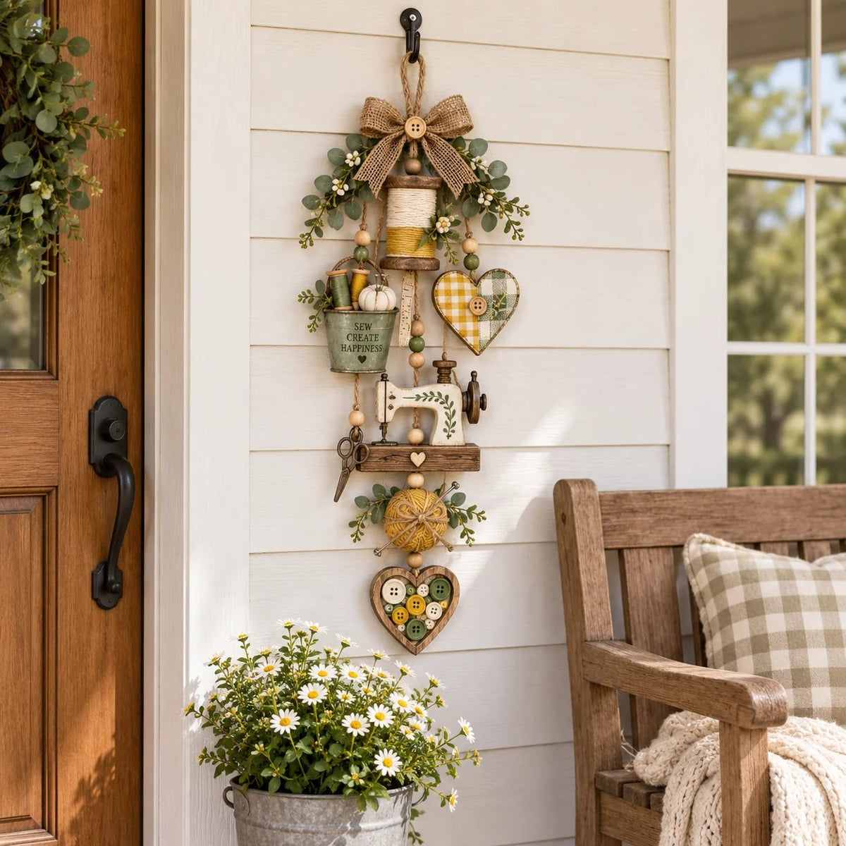 🧵✨ Rustic Wooden Sewing - Themed Hanging Ornament with Remote Control Fairy Lights