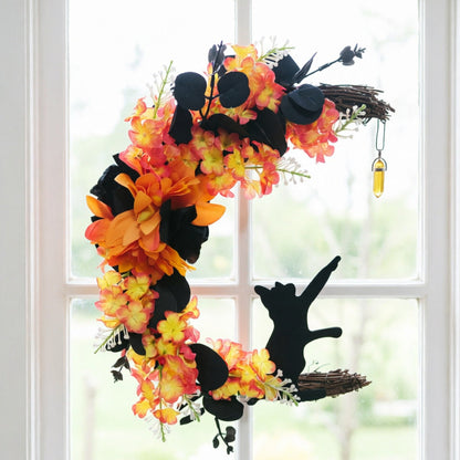 🌙🐈‍⬛ Light Up Your Door With a Magical Halloween Moon Cat Wreath