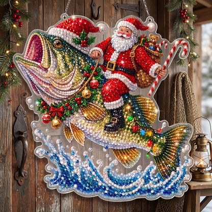 🔥 Limited Time 70% OFF - 🎅🎣 Santa Riding Bass Diamond Art Ornament Kit – Sparkling DIY Holiday Door Decor