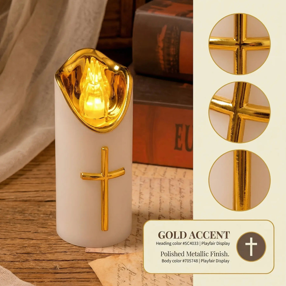 🕯️Flameless Pillar LED Candle with Gold Cross✝️Set of 2