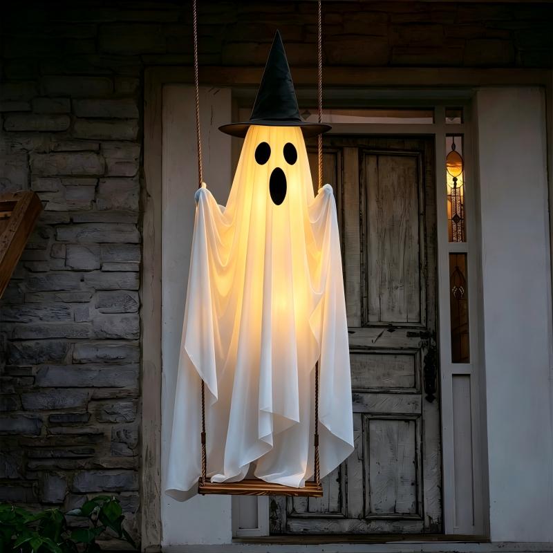 Large Glowing Halloween Ghost with Swing Hanging Decor for Porch and Yard