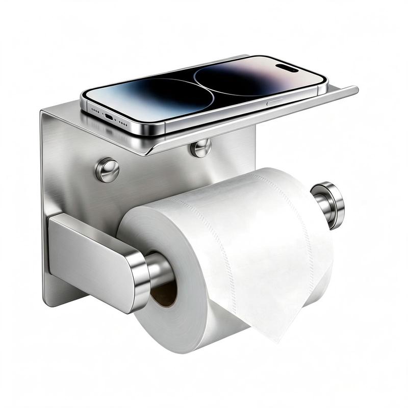Toilet Paper Holder with Shelf – SUS304 Stainless Steel, Fits Mega Rolls, No-Drill Option