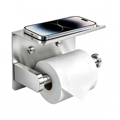 Toilet Paper Holder with Shelf – SUS304 Stainless Steel, Fits Mega Rolls, No-Drill Option