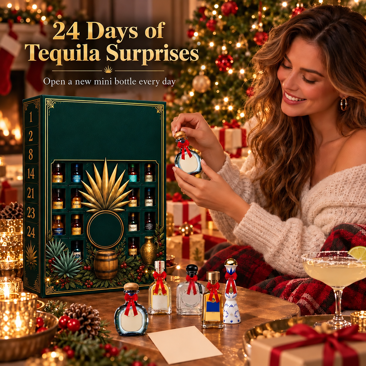 24-Day Mini Tequila Bottle Advent Blind Box for Holiday Celebration, Bar Table Decor, Collector Gift & Family Countdown