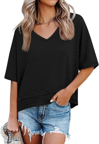 Women's V-neck Mid-length Sleeve Spliced Hem Basic Top
