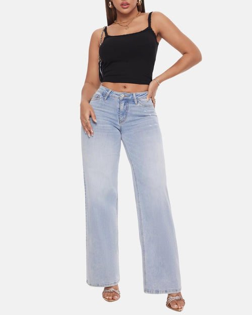 Women's Mid-Low Rise Baggy Jeans – Stretchy Wide Leg